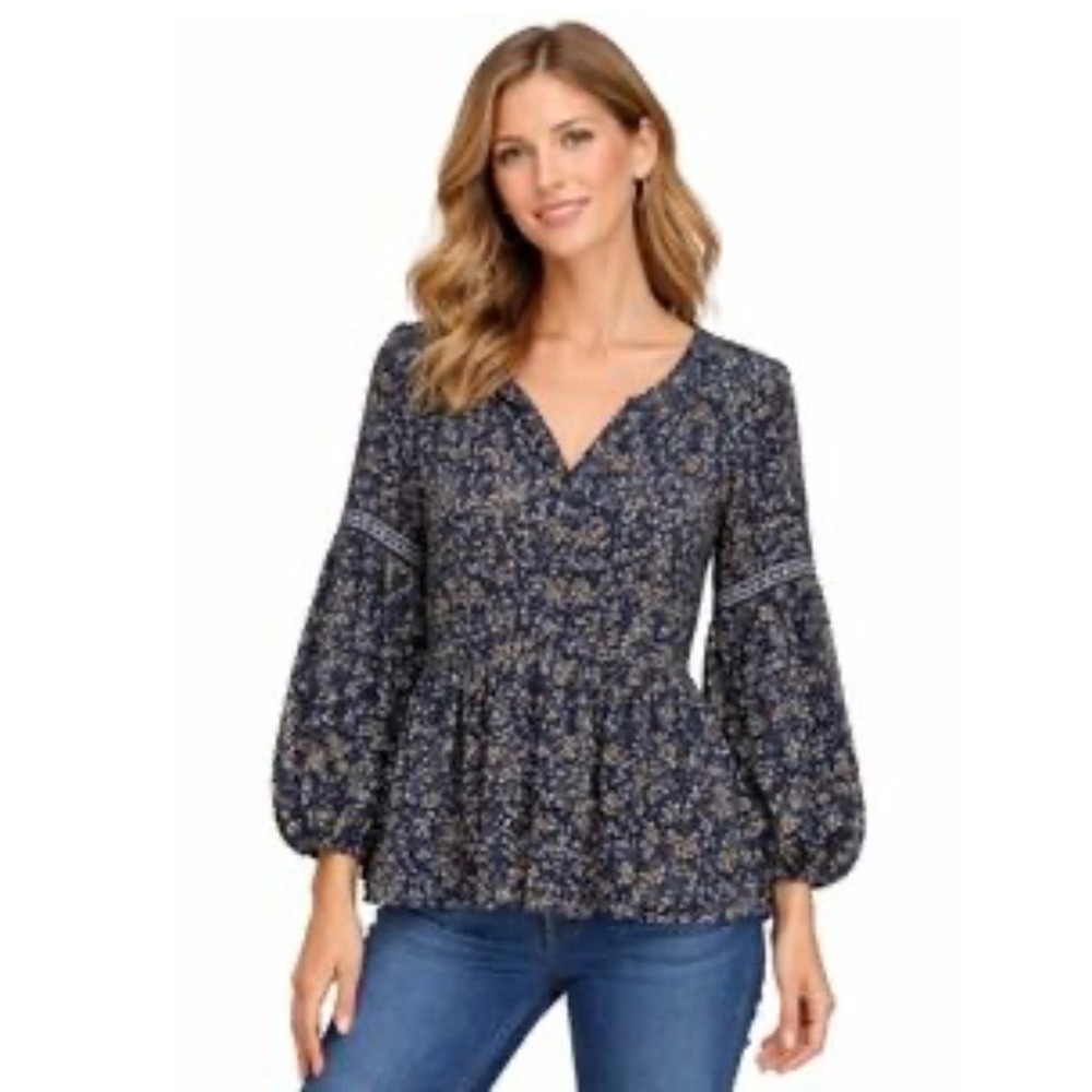Max Studio Floral Peplum Long Puff Sleeve Top Women's Size Medium VNeck Flowy